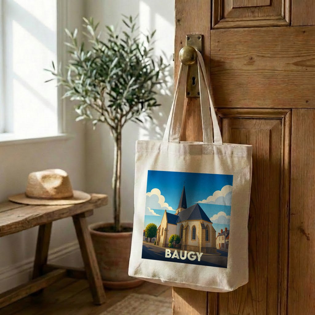 Tote bag souvenir de la ville de Baugy avec une illustration stylisée de son église.