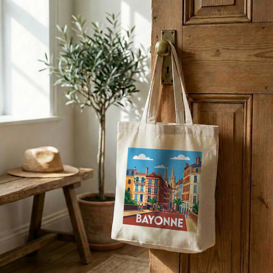 Tote bag souvenir de la ville de Bayonne avec une illustration colorée et stylisée.