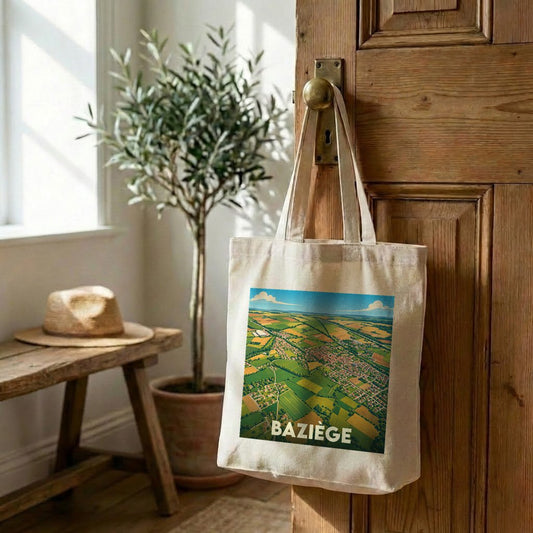 Tote bag souvenir de la ville de Baziège avec une illustration aérienne colorée.