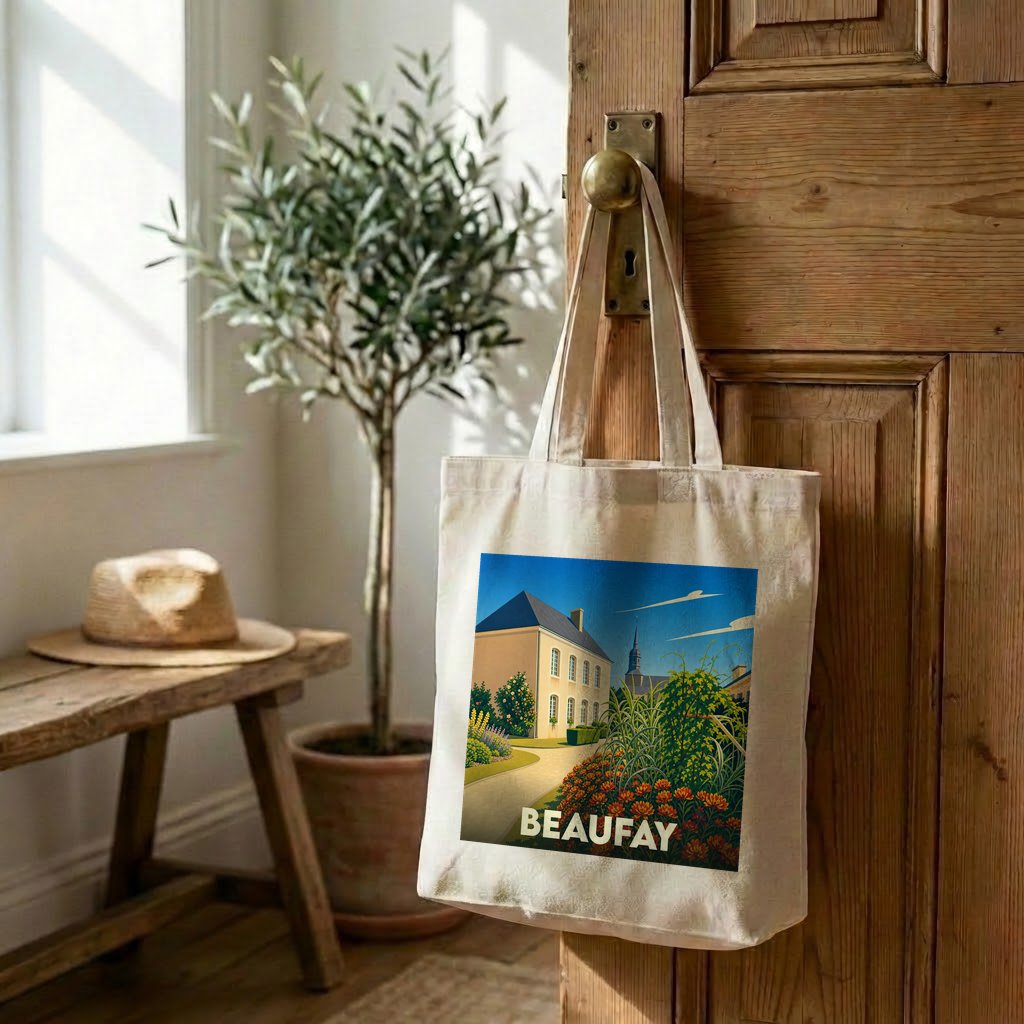 Tote bag souvenir de la ville de Beaufay avec une illustration colorée de style vintage.
