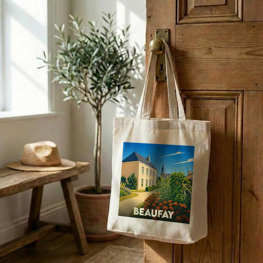 Tote bag souvenir de la ville de Beaufay avec une illustration colorée de style vintage.
