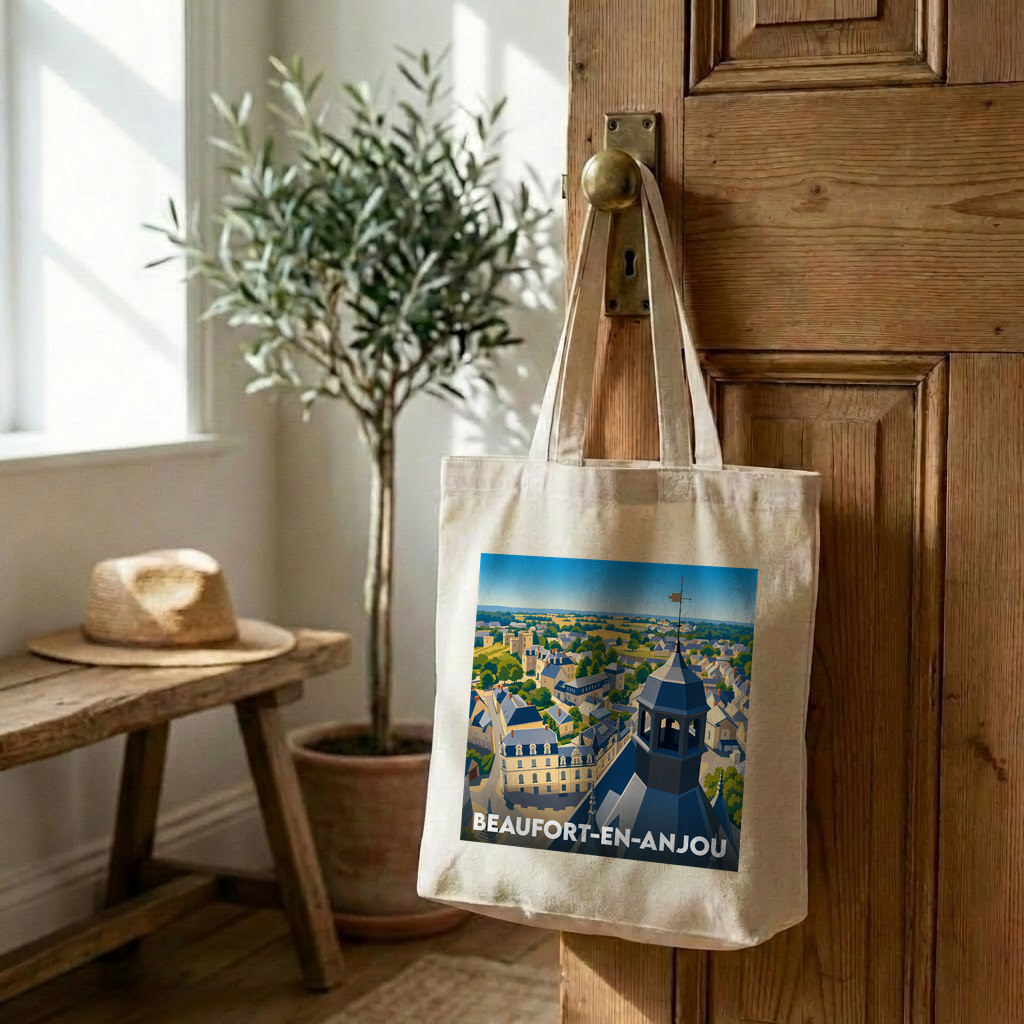 Tote bag souvenir de la ville de Beaufort-en-Anjou avec une illustration stylisée.