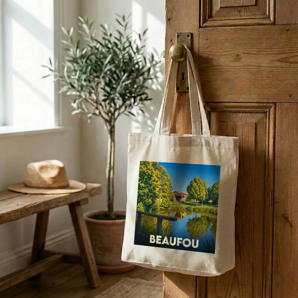 Tote bag souvenir de la ville de Beaufou avec une illustration stylisée de paysage.