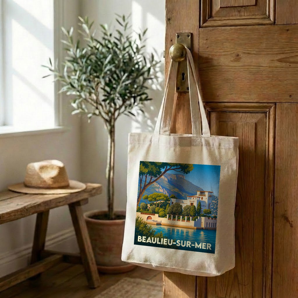 Tote bag souvenir de la ville de Beaulieu-sur-Mer avec une illustration stylisée.