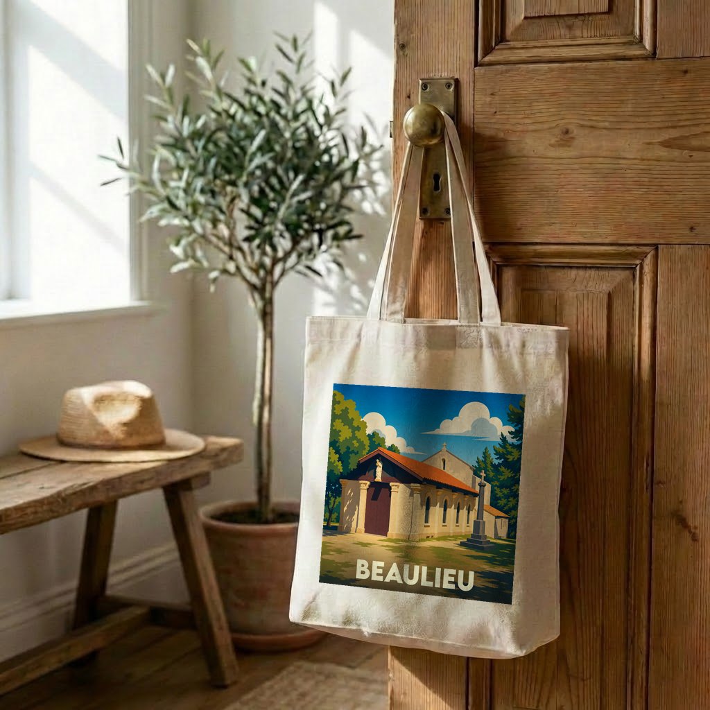 Tote bag souvenir de la ville de Beaulieu avec une illustration stylisée.