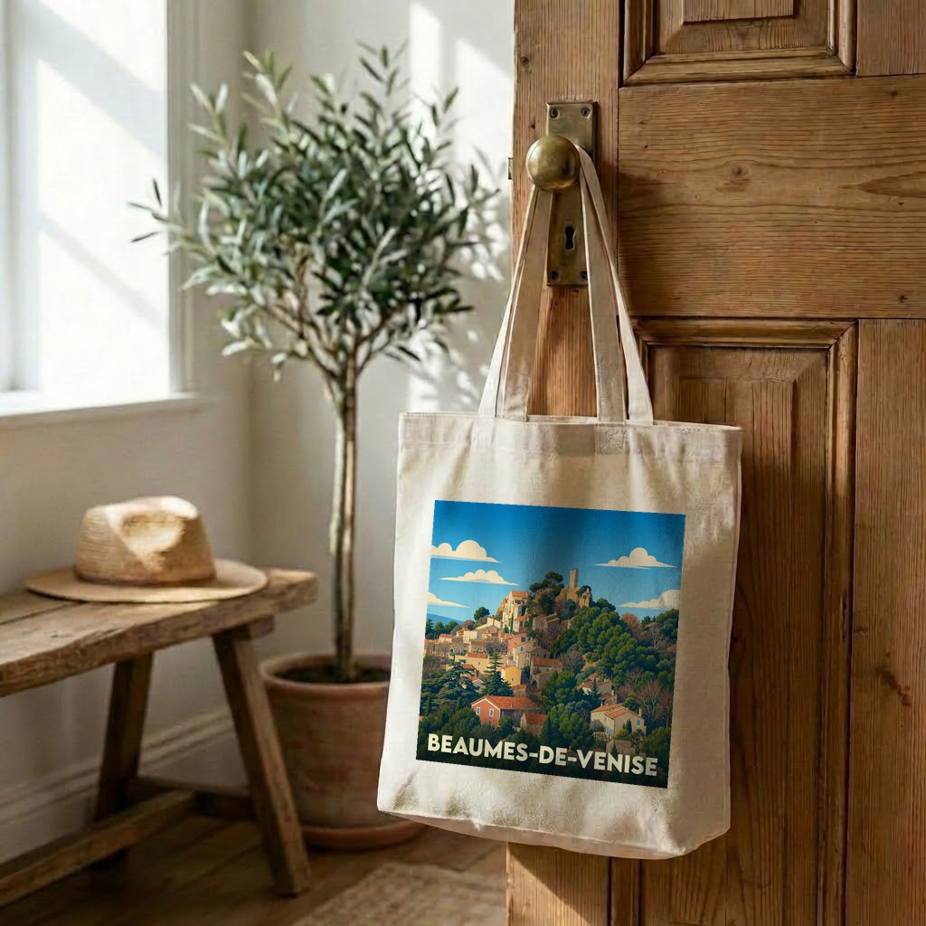 Tote bag souvenir de la ville de Beaumes-de-Venise avec une illustration stylisée d'un village perché.