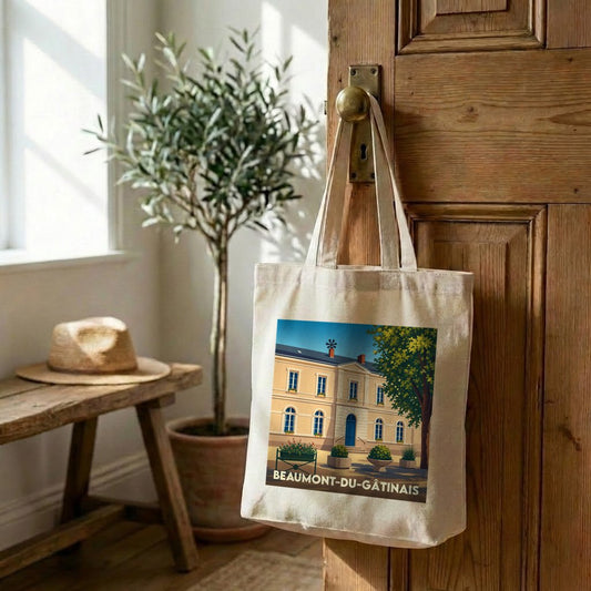 Tote bag souvenir de la ville de Beaumont-du-Gâtinais avec une illustration stylisée.