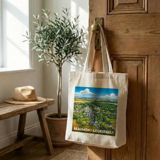 Tote bag souvenir de la ville de Beaumont-Louestault avec une illustration paysagère stylisée.
