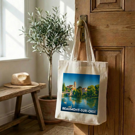 Tote bag souvenir de la ville de Beaumont-sur-Oise avec une illustration stylisée.