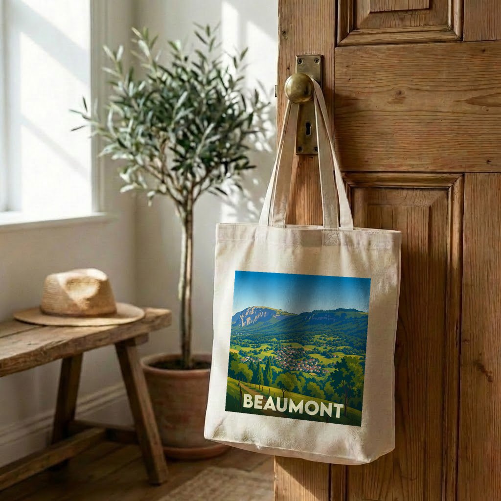 Tote bag souvenir de la ville de Beaumont avec une illustration de paysage vallonné.