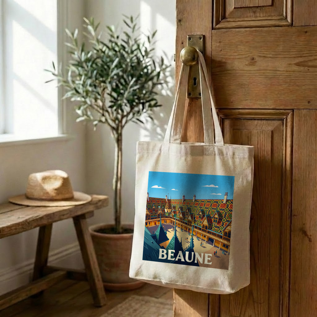 Tote bag souvenir de la ville de Beaune avec une illustration stylisée.