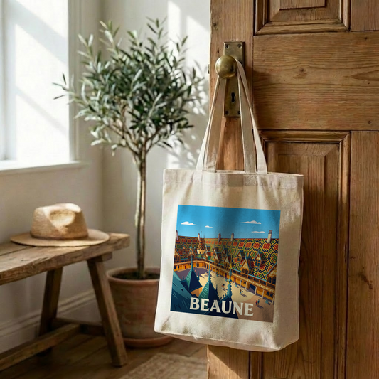 Tote bag souvenir de la ville de Beaune avec une illustration stylisée.