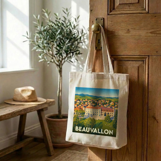 Tote bag souvenir de la ville de Beauvallon avec une illustration stylisée.