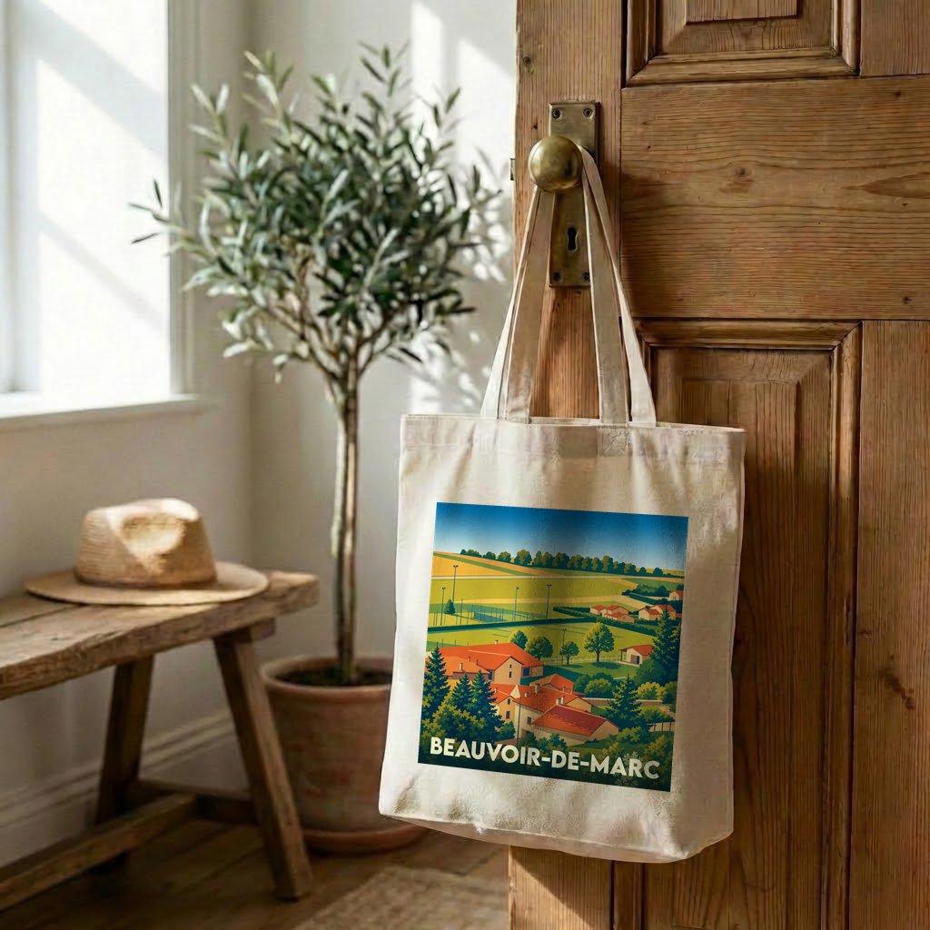 Tote bag souvenir de la ville de Beauvoir-de-Marc avec une illustration paysagère stylisée.