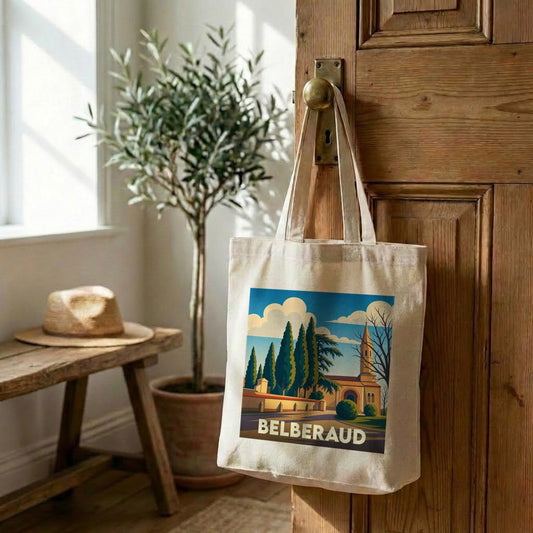 Tote bag souvenir de la ville de Belberaud avec une illustration stylisée.