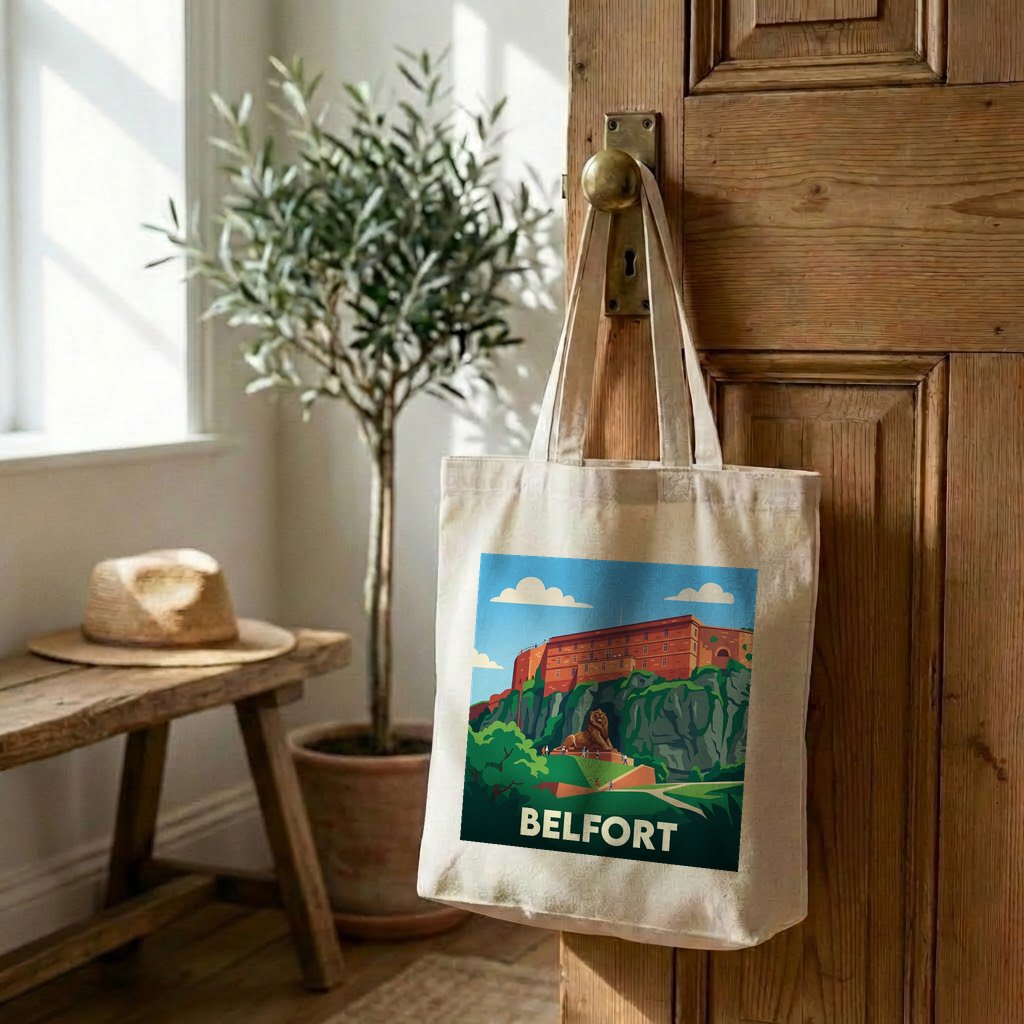 Tote bag souvenir de la ville de Belfort avec une illustration stylisée.