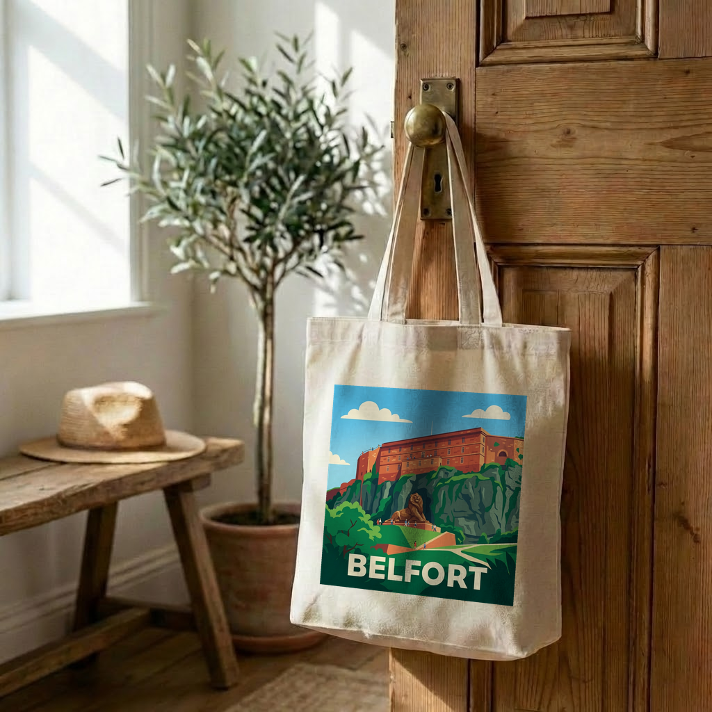 Tote bag souvenir de la ville de Belfort avec une illustration stylisée.