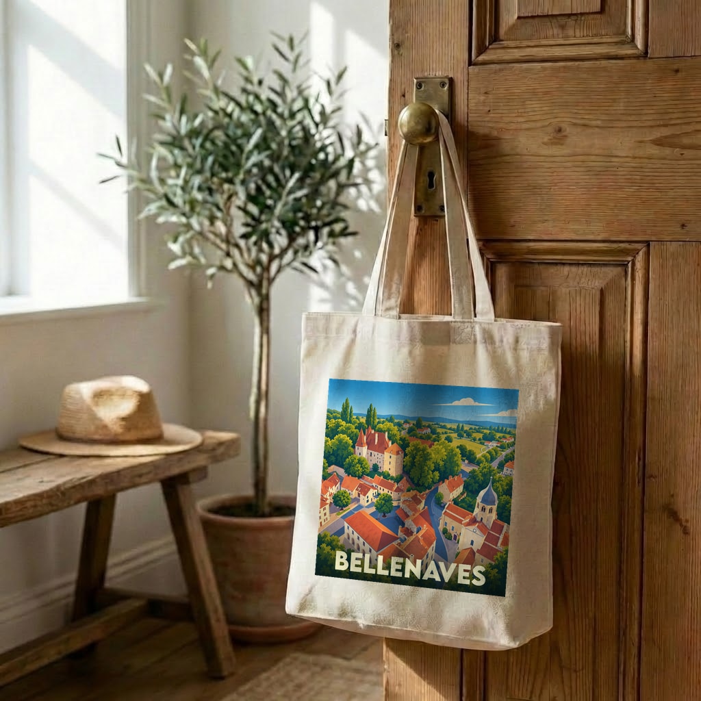 Tote bag souvenir de la ville de Bellenaves avec une illustration stylisée d'un paysage urbain.