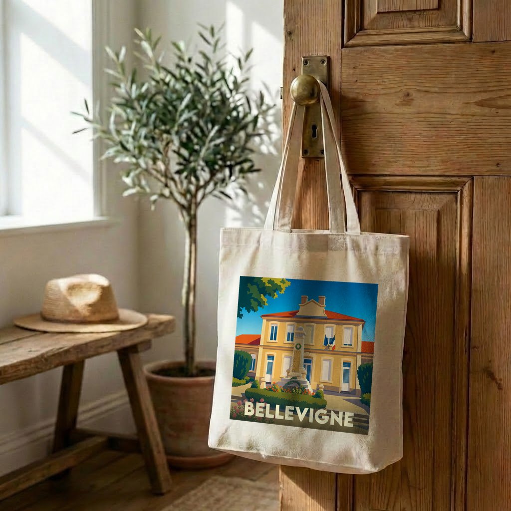 Tote bag souvenir de la ville de Bellevigne avec une illustration stylisée.