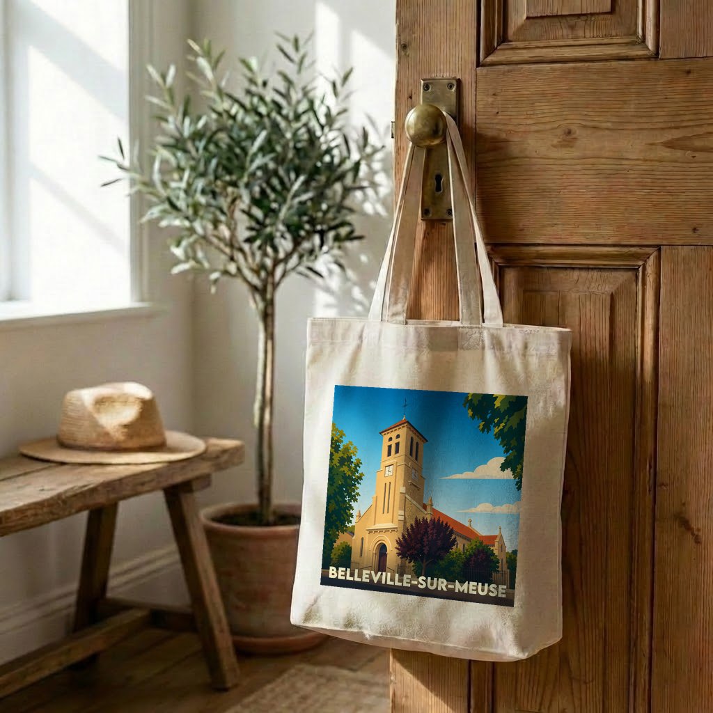 Sac cabas souvenir de Belleville-sur-Meuse orné d'une illustration stylisée de son église.