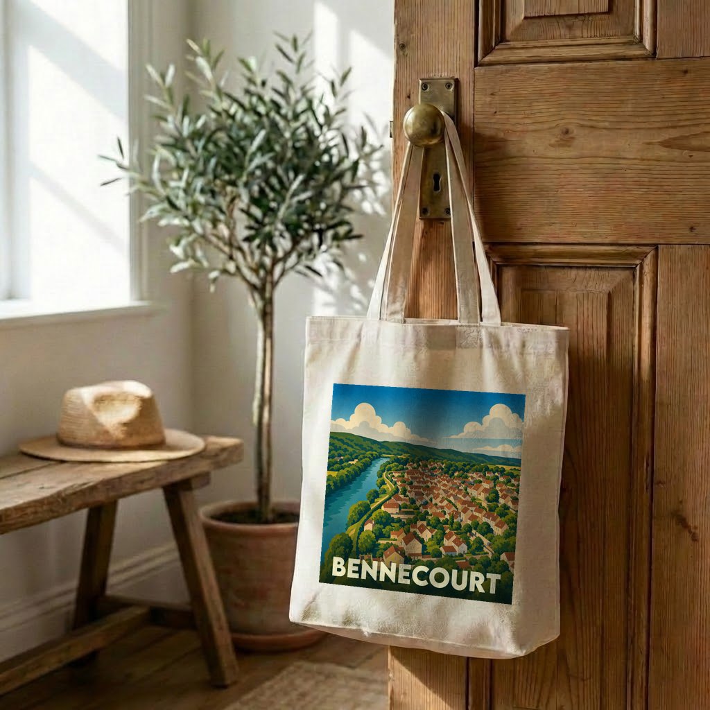 Tote bag souvenir de la ville de Bennecourt avec une illustration stylisée.
