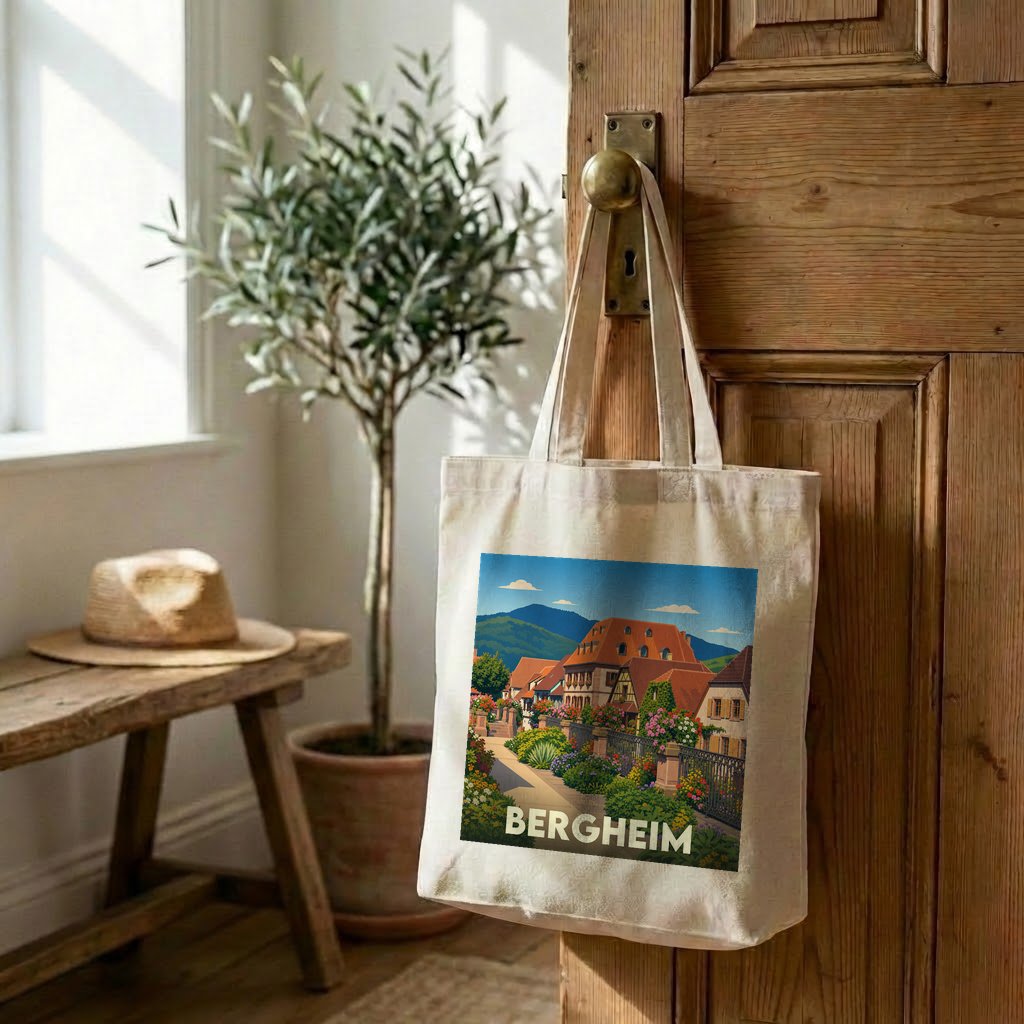 Sac cabas souvenir de la ville de Bergheim avec une illustration colorée et stylisée.