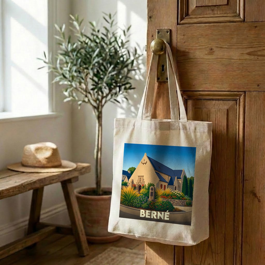 Tote bag souvenir de la ville de Berné avec une illustration stylisée d'une église fleurie.