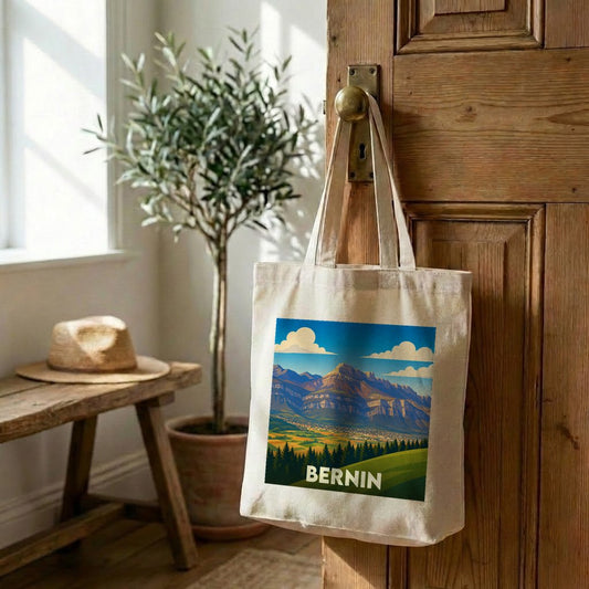 Tote bag souvenir de la ville de Bernin avec une illustration de paysage montagneux.