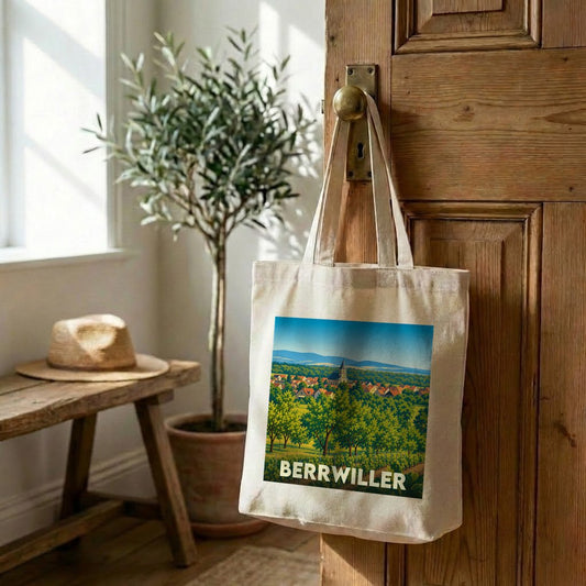 Sac cabas souvenir de la ville de Berrwiller avec une illustration paysagère stylisée.