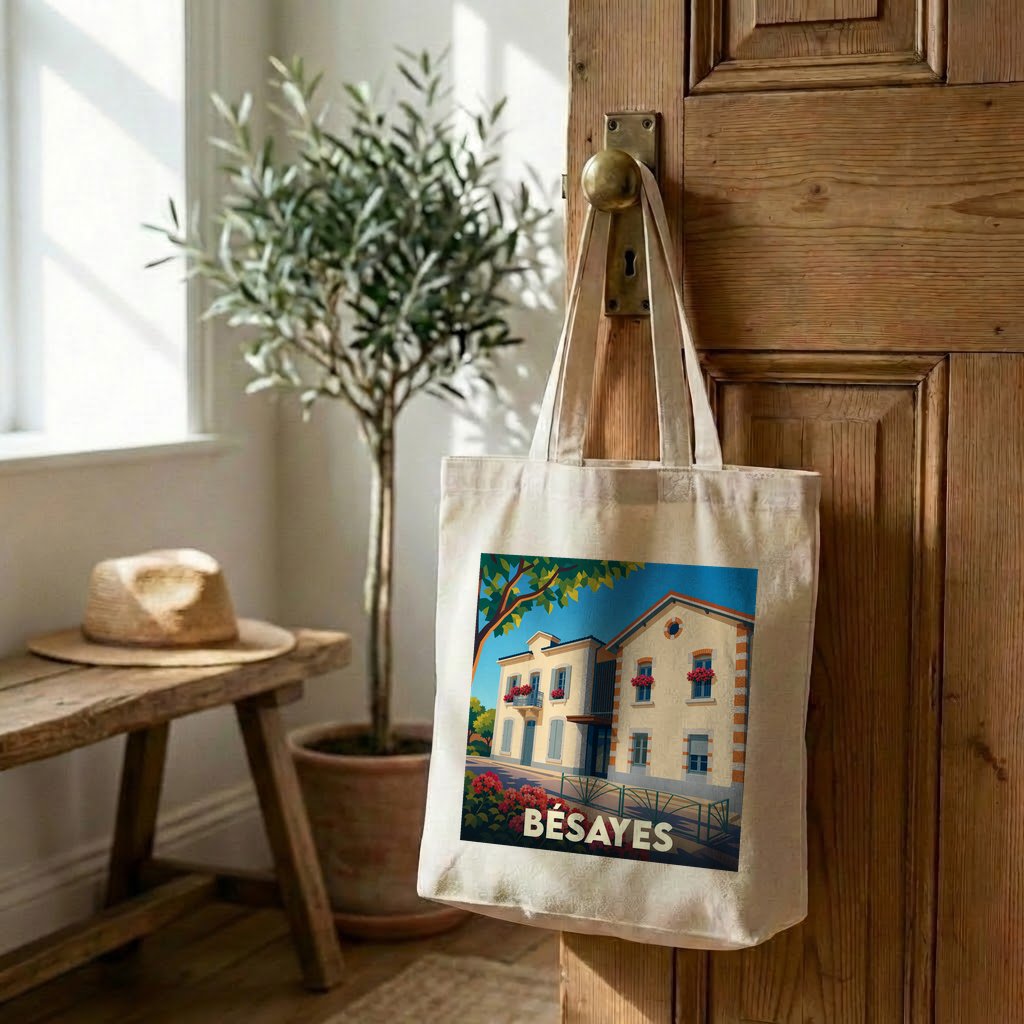 Tote bag souvenir de la ville de Bésayes avec une illustration stylisée.