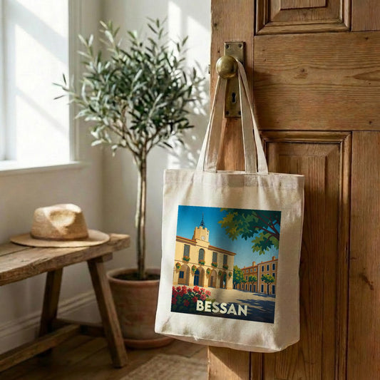 Tote bag souvenir de la ville de Bessan avec une illustration stylisée.