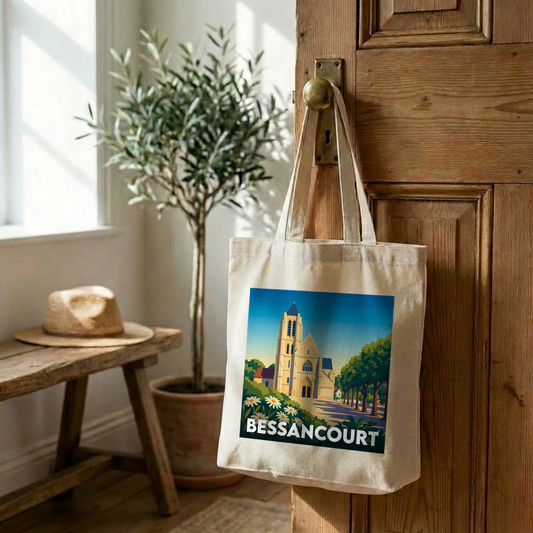Tote bag souvenir de la ville de Bessancourt avec une illustration stylisée.