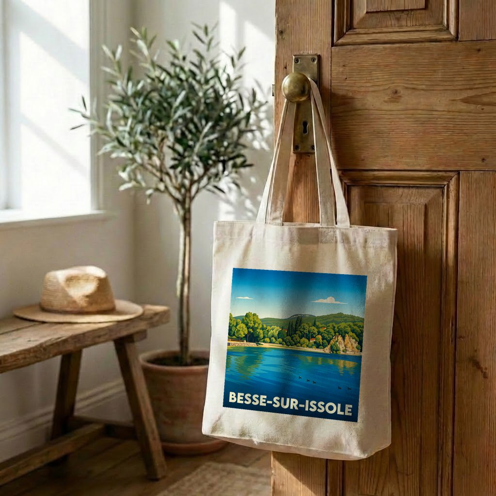 Tote bag souvenir de la ville de Besse-sur-Issole avec une illustration de son lac.