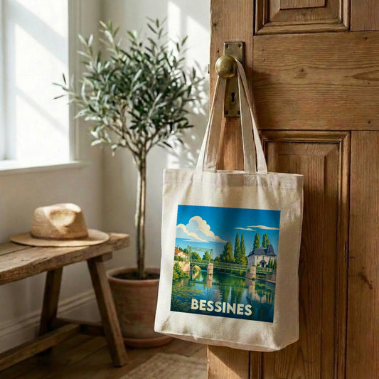 Tote bag souvenir de la ville de Bessines avec une illustration stylisée.