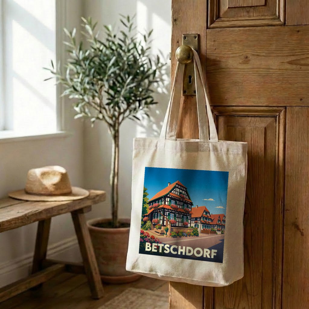 Tote bag souvenir de la ville de Betschdorf avec une illustration stylisée de maisons alsaciennes.