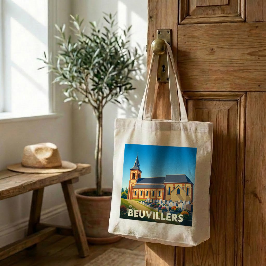 Tote bag souvenir de la ville de Beuvillers avec une illustration stylisée de son église.
