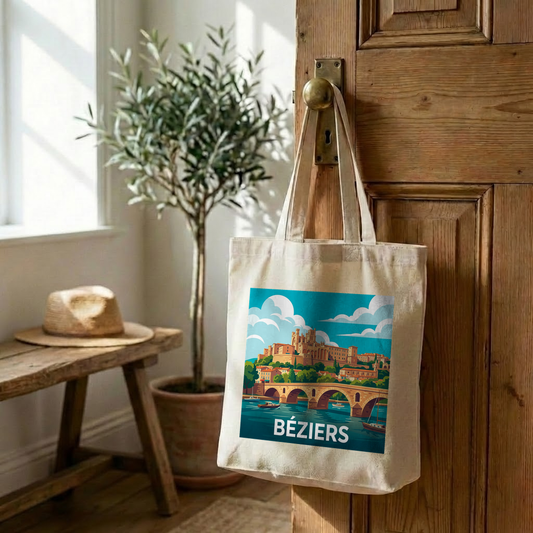 Tote bag souvenir de la ville de Béziers avec une illustration stylisée de son paysage urbain.