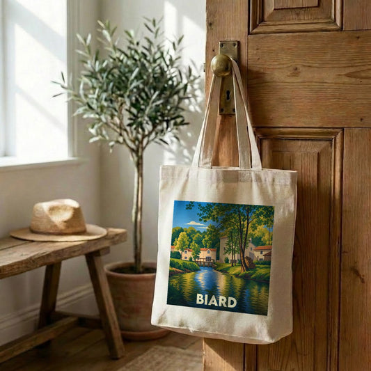 Tote bag souvenir de la ville de Biard avec une illustration stylisée d'un paysage fluvial.