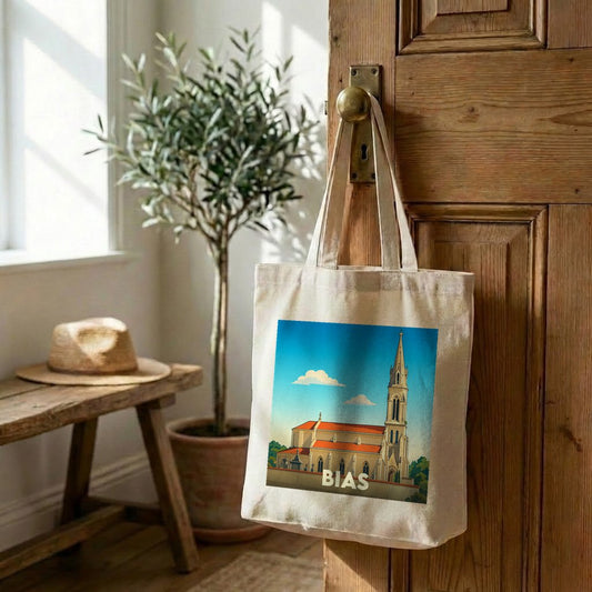Tote bag souvenir de la ville de Bias avec une illustration stylisée de son église.
