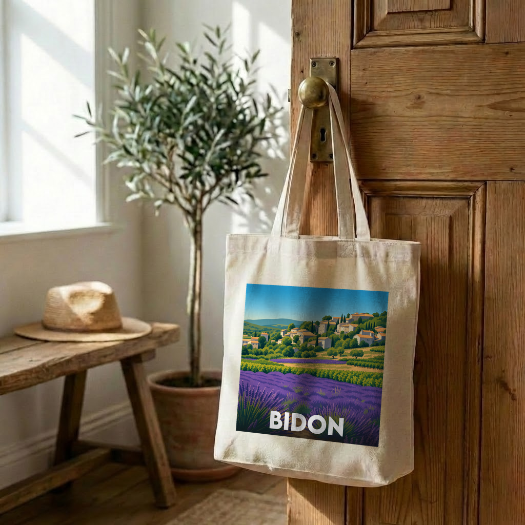 Tote bag souvenir de la ville de Bidon avec une illustration stylisée de champs de lavande.