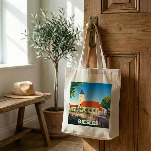 Tote bag souvenir de la ville de Biesles avec une illustration stylisée.