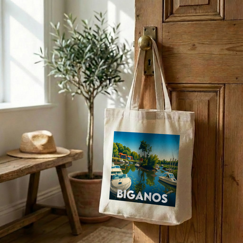 Tote bag souvenir de la ville de Biganos avec une illustration stylisée de son port.