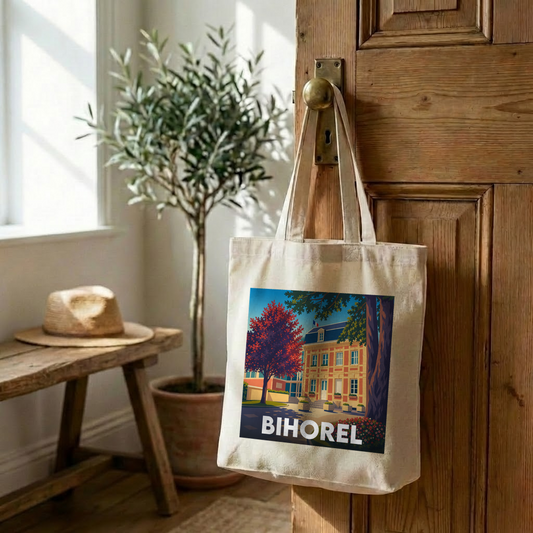 Tote bag souvenir de la ville de Bihorel avec une illustration stylisée.