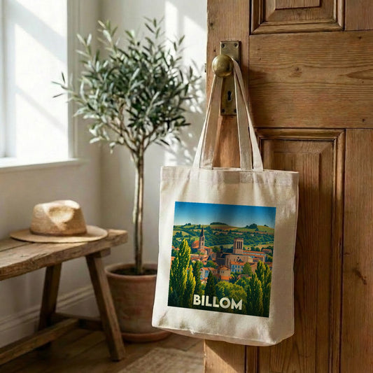 Tote bag souvenir de la ville de Billom avec une illustration stylisée.
