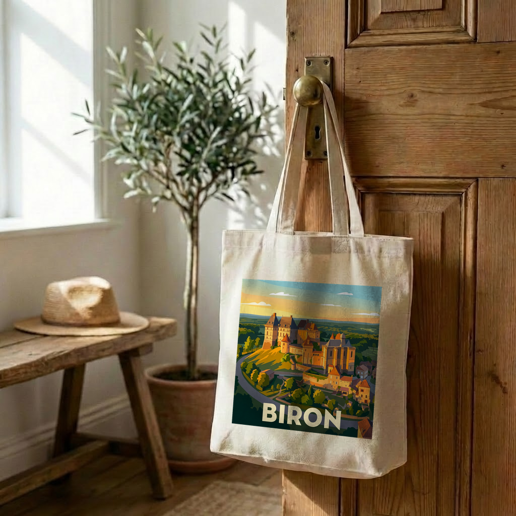 Tote bag souvenir de la ville de Biron avec une illustration stylisée de son château.