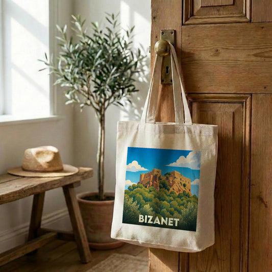 Tote bag souvenir de la ville de Bizanet avec une illustration stylisée.