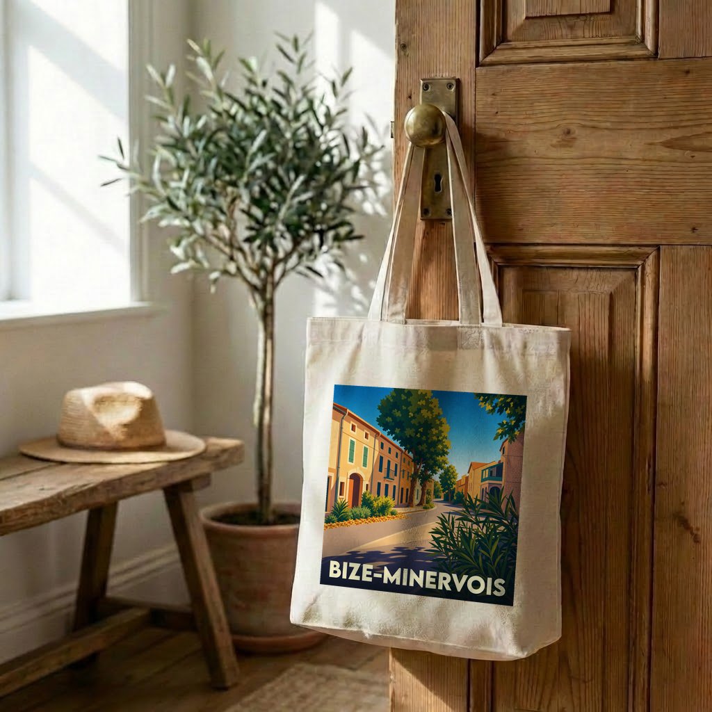 Tote bag souvenir de la ville de Bize-Minervois avec une illustration stylisée.