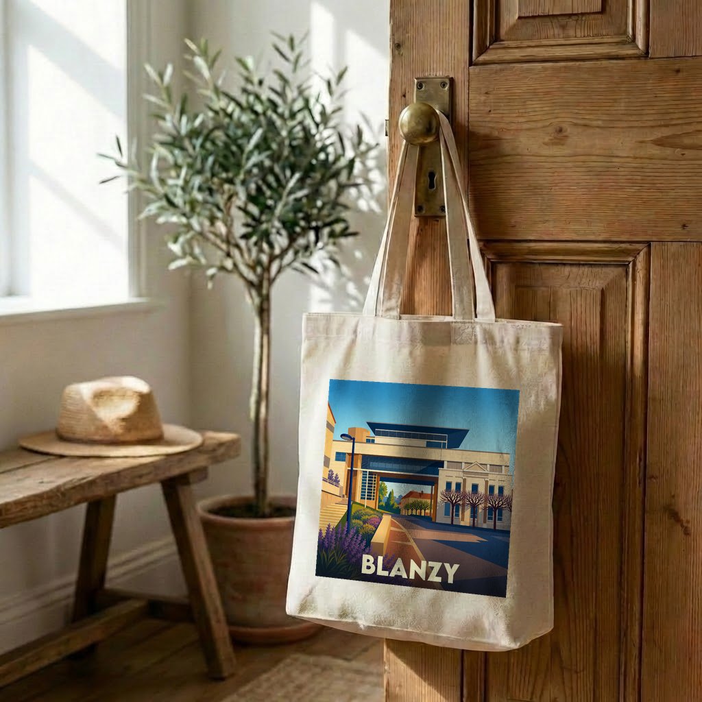 Tote bag souvenir de la ville de Blanzy avec une illustration stylisée.
