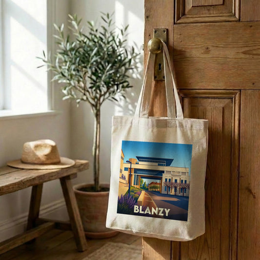 Tote bag souvenir de la ville de Blanzy avec une illustration stylisée.