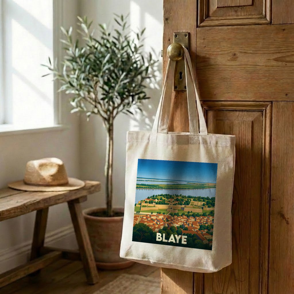 Tote bag souvenir de la ville de Blaye avec une illustration stylisée de sa citadelle.